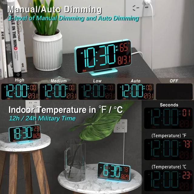 Alt view image 3 of 6 - Alarm Clocks for Bedrooms, 6.7in Digital Clock, Auto Dimming, Room Temperature, Day of The Week, Seconds, Date, Digital Clocks for Living Room, Desk Clock for Bedroom