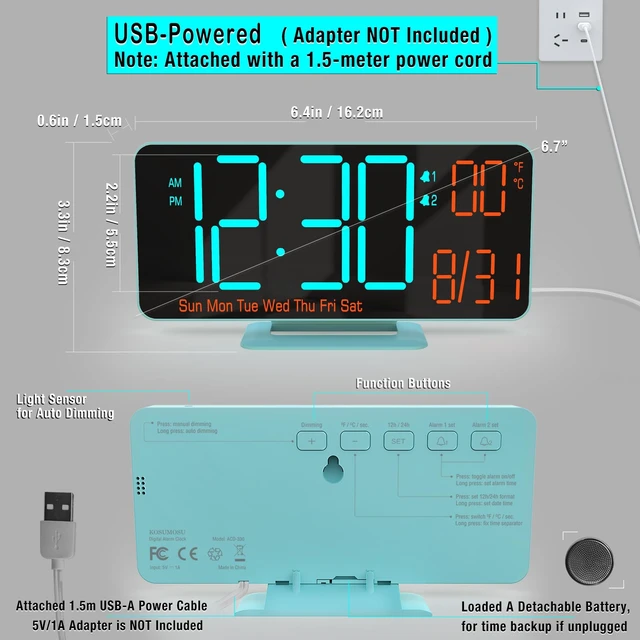 Alt view image 4 of 6 - Alarm Clocks for Bedrooms, 6.7in Digital Clock, Auto Dimming, Room Temperature, Day of The Week, Seconds, Date, Digital Clocks for Living Room, Desk Clock for Bedroom