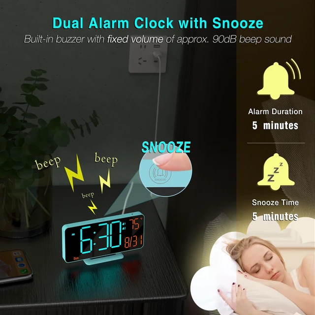 Alt view image 6 of 6 - Alarm Clocks for Bedrooms, 6.7in Digital Clock, Auto Dimming, Room Temperature, Day of The Week, Seconds, Date, Digital Clocks for Living Room, Desk Clock for Bedroom