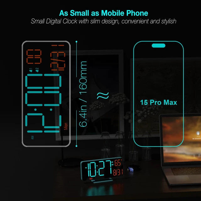 Alt view image 2 of 6 - Alarm Clocks for Bedrooms, 6.7in Digital Clock, Auto Dimming, Room Temperature, Day of The Week, Seconds, Date, Digital Clocks for Living Room, Desk Clock for Bedroom