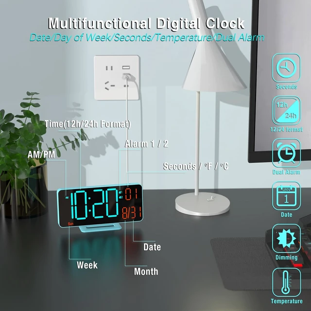 Alt view image 5 of 6 - Alarm Clocks for Bedrooms, 6.7in Digital Clock, Auto Dimming, Room Temperature, Day of The Week, Seconds, Date, Digital Clocks for Living Room, Desk Clock for Bedroom