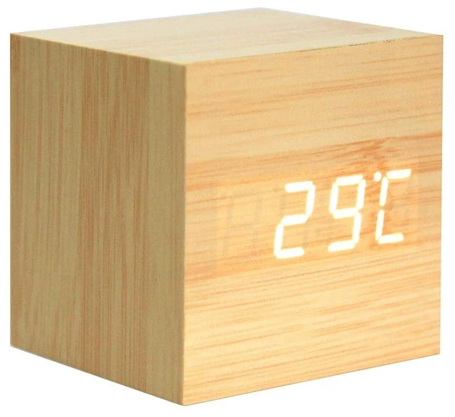 Main image of Mini Cube LED Wooden Alarm Clock LED Digital Clock Yellow_White | Time/Date/Temperature Display, 3 Levels Brightness, Voice Control, AC10 Model