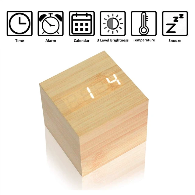 Alt view image 2 of 7 - Mini Cube LED Wooden Alarm Clock LED Digital Clock Yellow_White | Time/Date/Temperature Display, 3 Levels Brightness, Voice Control, AC10 Model