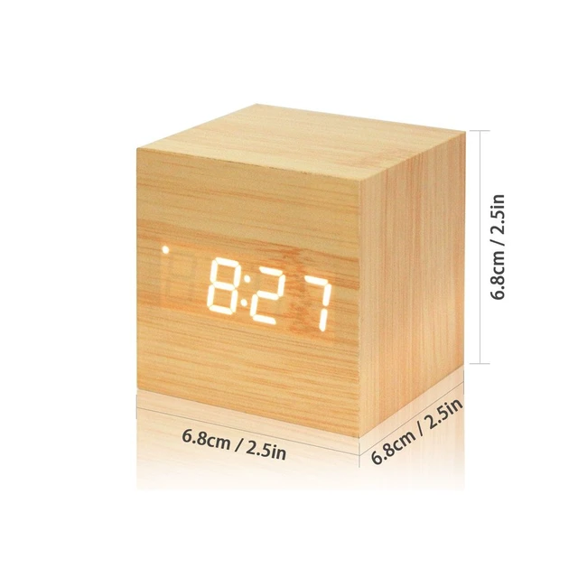 Alt view image 3 of 7 - Mini Cube LED Wooden Alarm Clock LED Digital Clock Yellow_White | Time/Date/Temperature Display, 3 Levels Brightness, Voice Control, AC10 Model