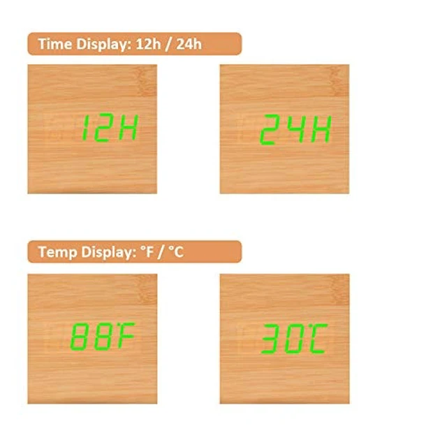 Alt view image 4 of 7 - Mini Cube LED Wooden Alarm Clock LED Digital Clock Yellow_White | Time/Date/Temperature Display, 3 Levels Brightness, Voice Control, AC10 Model