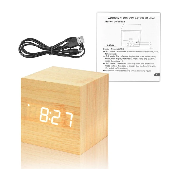 Alt view image 6 of 7 - Mini Cube LED Wooden Alarm Clock LED Digital Clock Yellow_White | Time/Date/Temperature Display, 3 Levels Brightness, Voice Control, AC10 Model