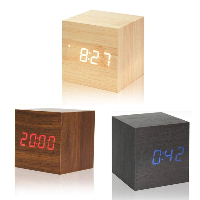 Alt view image 7 of 7 - Mini Cube LED Wooden Alarm Clock LED Digital Clock Yellow_White | Time/Date/Temperature Display, 3 Levels Brightness, Voice Control, AC10 Model