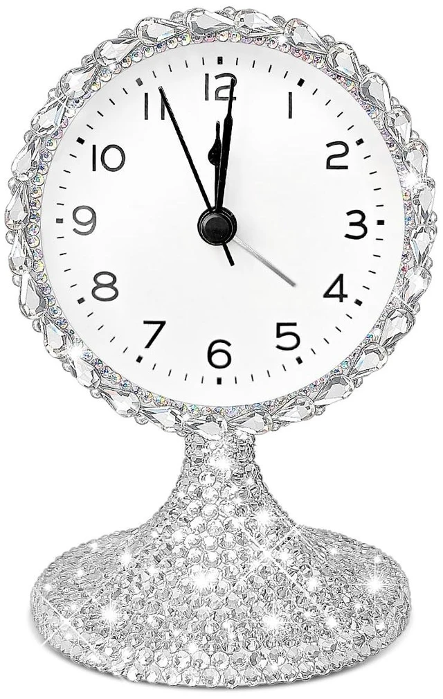 Main image of Bling Vintage Table Clock on Stand, Decorative Desk and Shelf Clock,Non-Ticking Metal Frame with Glitter Rhinestones for Office, Living Room or Bedroom