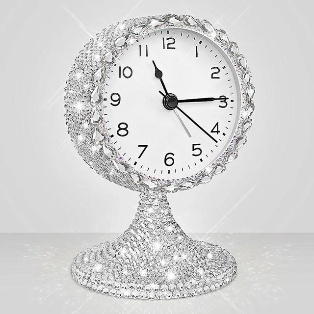 Alt view image 2 of 7 - Bling Vintage Table Clock on Stand, Decorative Desk and Shelf Clock,Non-Ticking Metal Frame with Glitter Rhinestones for Office, Living Room or Bedroom