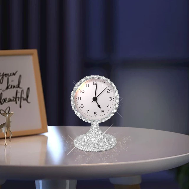 Alt view image 6 of 7 - Bling Vintage Table Clock on Stand, Decorative Desk and Shelf Clock,Non-Ticking Metal Frame with Glitter Rhinestones for Office, Living Room or Bedroom