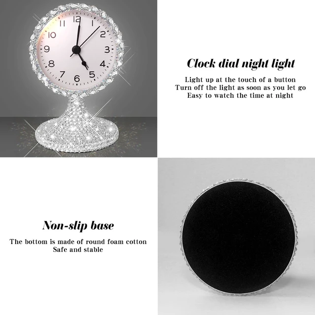 Alt view image 5 of 7 - Bling Vintage Table Clock on Stand, Decorative Desk and Shelf Clock,Non-Ticking Metal Frame with Glitter Rhinestones for Office, Living Room or Bedroom
