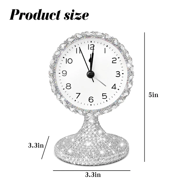Alt view image 3 of 7 - Bling Vintage Table Clock on Stand, Decorative Desk and Shelf Clock,Non-Ticking Metal Frame with Glitter Rhinestones for Office, Living Room or Bedroom