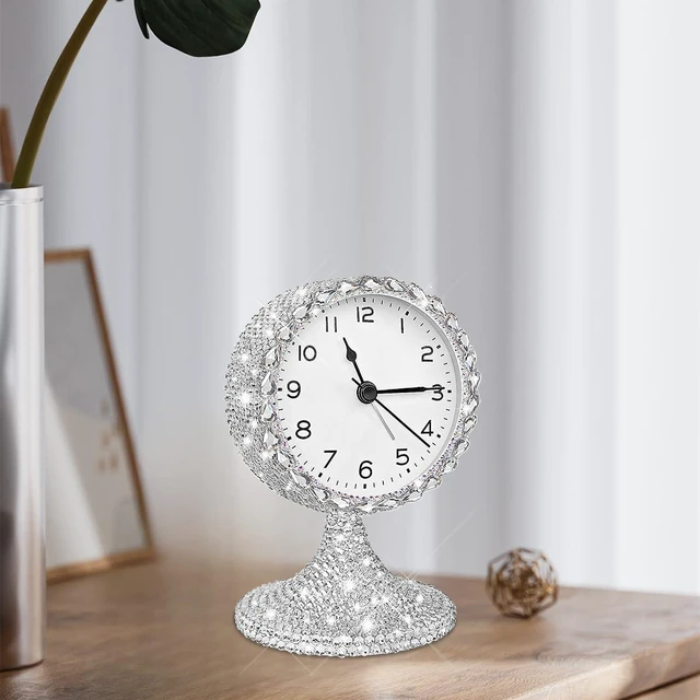 Alt view image 7 of 7 - Bling Vintage Table Clock on Stand, Decorative Desk and Shelf Clock,Non-Ticking Metal Frame with Glitter Rhinestones for Office, Living Room or Bedroom