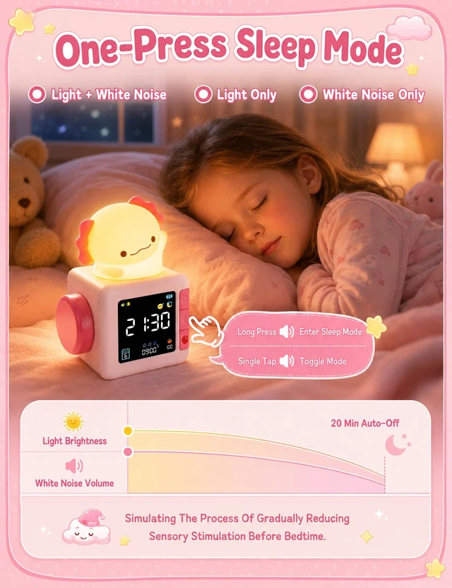 Alt view image 3 of 7 - Axolotl Alarm Clock for Kids, Cute Digital Clock with Night Light | White Noise Machine, Alarm Clock Battery Powered, 2000mAh, Pink Animal Bedside Desk Lamp, 7 Colors, Axolotl Gifts For Girls