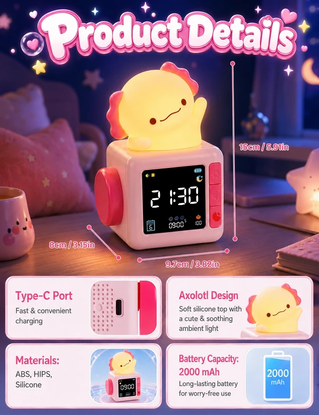 Alt view image 4 of 7 - Axolotl Alarm Clock for Kids, Cute Digital Clock with Night Light | White Noise Machine, Alarm Clock Battery Powered, 2000mAh, Pink Animal Bedside Desk Lamp, 7 Colors, Axolotl Gifts For Girls
