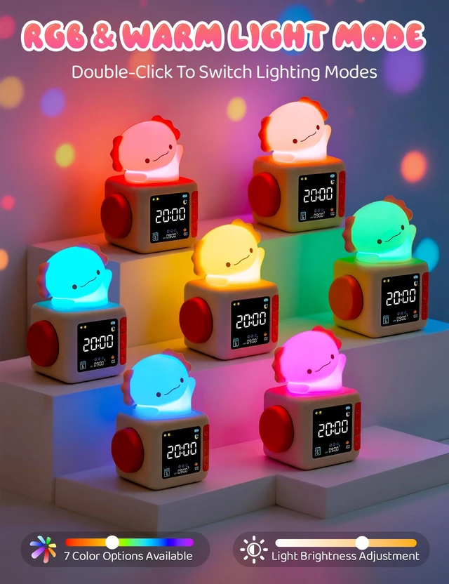 Alt view image 2 of 7 - Axolotl Alarm Clock for Kids, Cute Digital Clock with Night Light | White Noise Machine, Alarm Clock Battery Powered, 2000mAh, Pink Animal Bedside Desk Lamp, 7 Colors, Axolotl Gifts For Girls