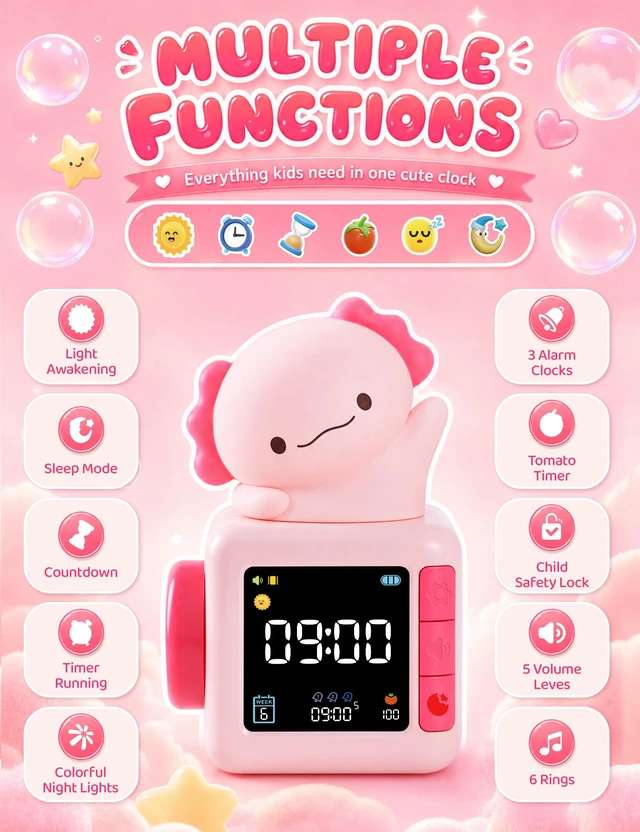Alt view image 5 of 7 - Axolotl Alarm Clock for Kids, Cute Digital Clock with Night Light | White Noise Machine, Alarm Clock Battery Powered, 2000mAh, Pink Animal Bedside Desk Lamp, 7 Colors, Axolotl Gifts For Girls