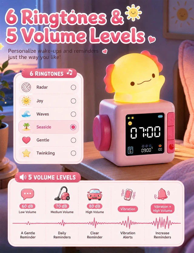 Alt view image 7 of 7 - Axolotl Alarm Clock for Kids, Cute Digital Clock with Night Light | White Noise Machine, Alarm Clock Battery Powered, 2000mAh, Pink Animal Bedside Desk Lamp, 7 Colors, Axolotl Gifts For Girls