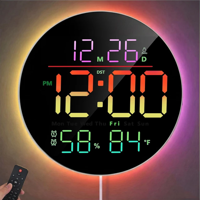 Main image of 10" Round Digital Wall Clock for Bedroom, 13-Color RGB Model Large LED Display Electric Clocks with Remote for Classroom Home Office Living Room Gym Garage (Adapter Not Included)