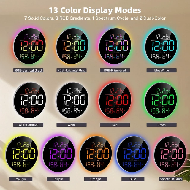 Alt view image 2 of 7 - 10" Round Digital Wall Clock for Bedroom, 13-Color RGB Model Large LED Display Electric Clocks with Remote for Classroom Home Office Living Room Gym Garage (Adapter Not Included)