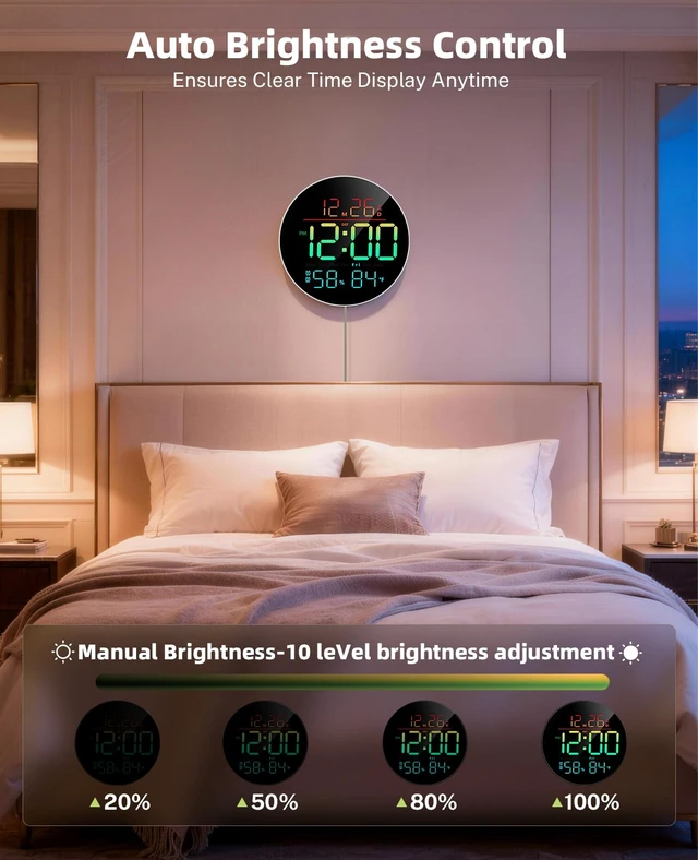 Alt view image 3 of 7 - 10" Round Digital Wall Clock for Bedroom, 13-Color RGB Model Large LED Display Electric Clocks with Remote for Classroom Home Office Living Room Gym Garage (Adapter Not Included)