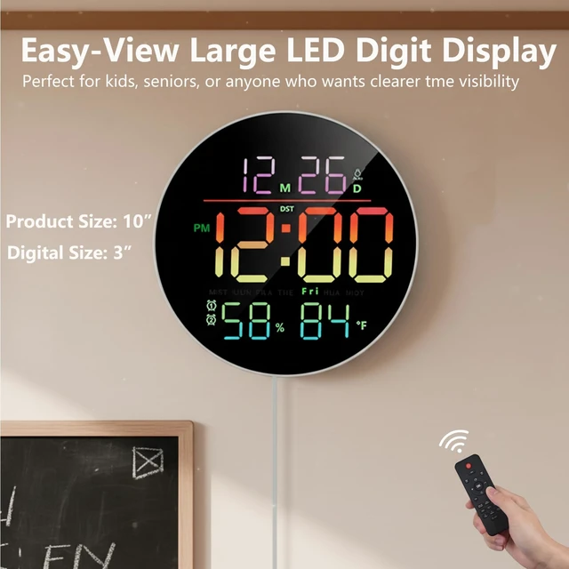 Alt view image 6 of 7 - 10" Round Digital Wall Clock for Bedroom, 13-Color RGB Model Large LED Display Electric Clocks with Remote for Classroom Home Office Living Room Gym Garage (Adapter Not Included)