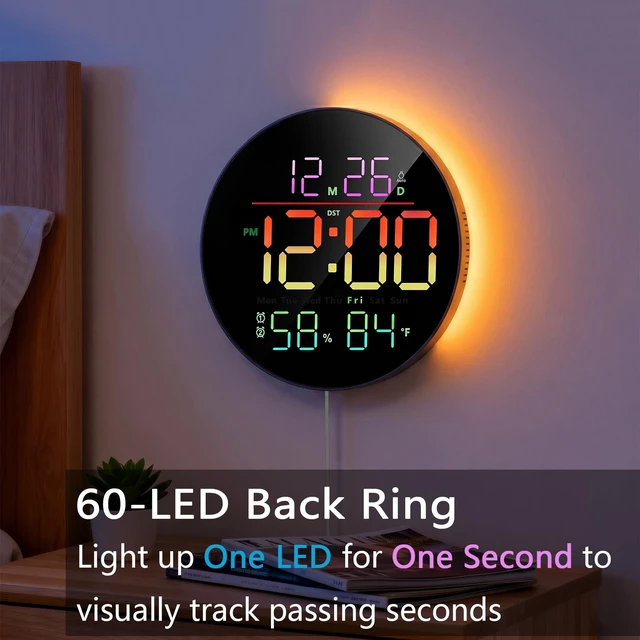 Alt view image 7 of 7 - 10" Round Digital Wall Clock for Bedroom, 13-Color RGB Model Large LED Display Electric Clocks with Remote for Classroom Home Office Living Room Gym Garage (Adapter Not Included)