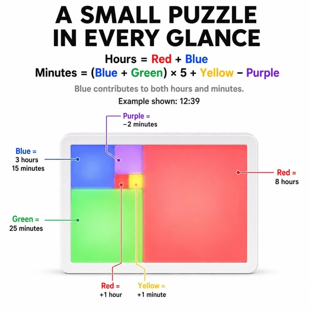 Alt view image 4 of 7 - Fibonacci Clock, Math-Inspired Color Tile Desk Art with Bluetooth Time Sync, USB-C Rechargeable LED Timepiece, Gift for Math Lovers, Engineers & Teachers