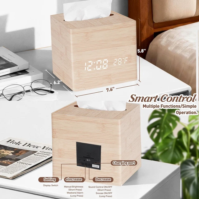 Alt view image 5 of 7 - Digital Clock Tissue Box, Desk & Nightstand, 5 Alarms & Temp | 2-in-1 WoodenTissue Box Cover with Cordless Digital Clock, 8-Level Dimming, Date, Temperature, 5 Alarms