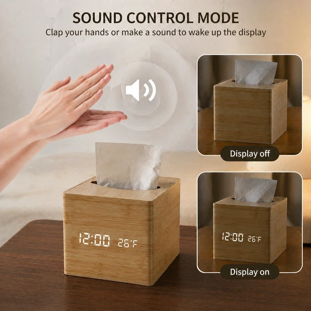 Alt view image 6 of 7 - Digital Clock Tissue Box, Desk & Nightstand, 5 Alarms & Temp | 2-in-1 WoodenTissue Box Cover with Cordless Digital Clock, 8-Level Dimming, Date, Temperature, 5 Alarms