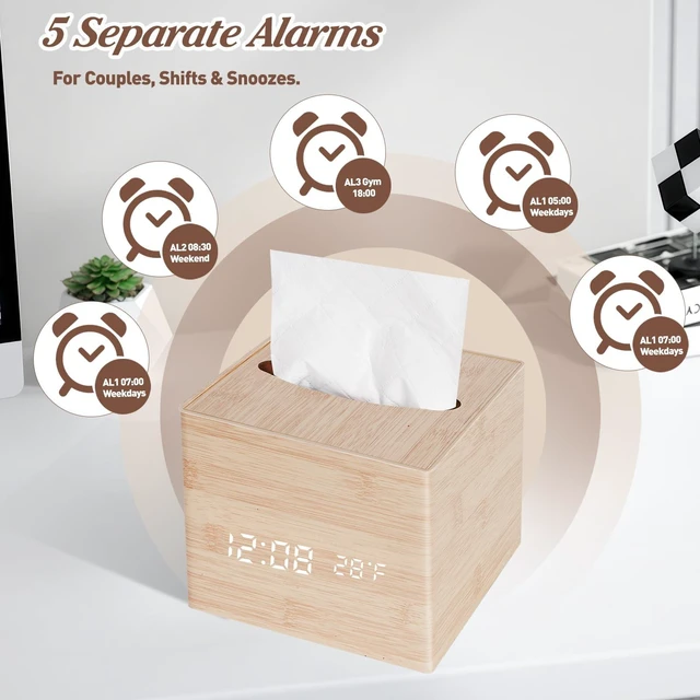 Alt view image 7 of 7 - Digital Clock Tissue Box, Desk & Nightstand, 5 Alarms & Temp | 2-in-1 WoodenTissue Box Cover with Cordless Digital Clock, 8-Level Dimming, Date, Temperature, 5 Alarms