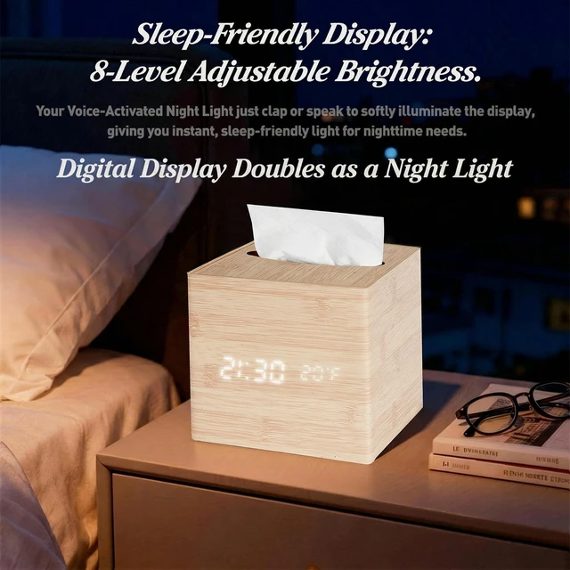 Alt view image 4 of 7 - Digital Clock Tissue Box, Desk & Nightstand, 5 Alarms & Temp | 2-in-1 WoodenTissue Box Cover with Cordless Digital Clock, 8-Level Dimming, Date, Temperature, 5 Alarms
