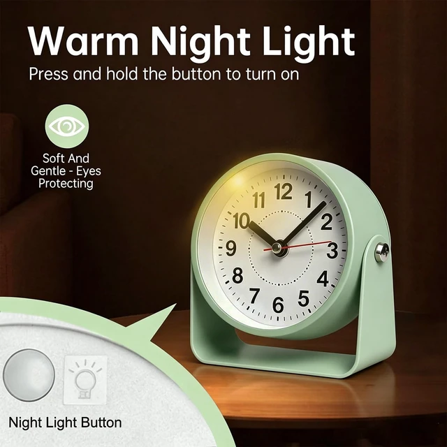 Alt view image 4 of 7 - 3.5" Analog Alarm Clock, Small Retro Desk Clock 360° Adjustable Angle | Silent Table Metal Clock with Night Light Snooze for Living Room Decor,Bedroom,Bedside,Shelf, Snooze Clock for Adults