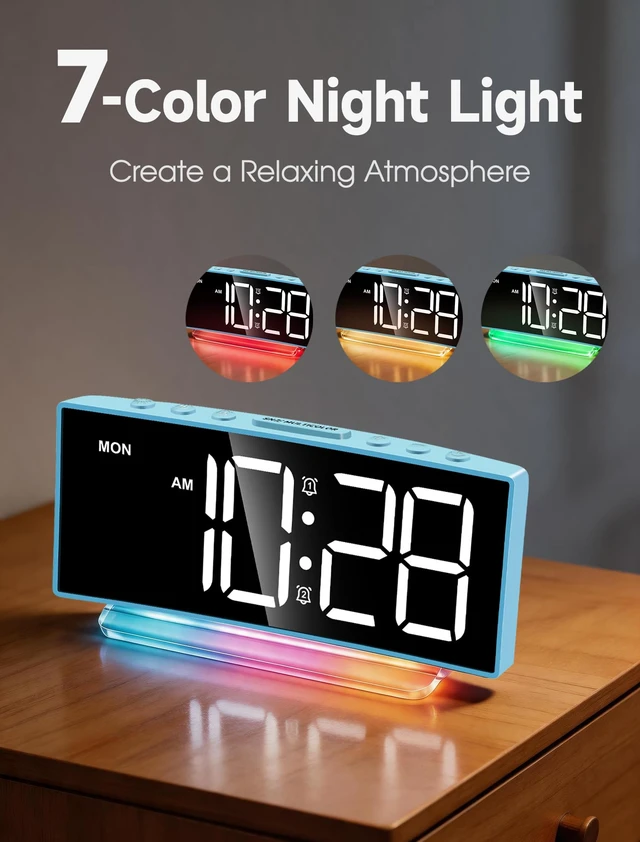 Alt view image 3 of 7 - Loud Alarm Clock for Heavy Sleepers Adults,Kids,Teens,Digital Desk Clock with USB Port,Large Numbers,7 Color Night Light,Modern Electronic Plug in Simple Clock for Bedroom(Blue+Dynamic)