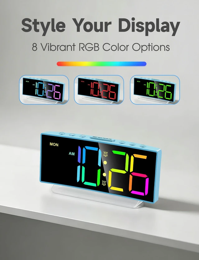 Alt view image 4 of 7 - Loud Alarm Clock for Heavy Sleepers Adults,Kids,Teens,Digital Desk Clock with USB Port,Large Numbers,7 Color Night Light,Modern Electronic Plug in Simple Clock for Bedroom(Blue+Dynamic)