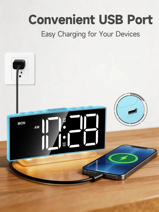 Alt view image 6 of 7 - Loud Alarm Clock for Heavy Sleepers Adults,Kids,Teens,Digital Desk Clock with USB Port,Large Numbers,7 Color Night Light,Modern Electronic Plug in Simple Clock for Bedroom(Blue+Dynamic)