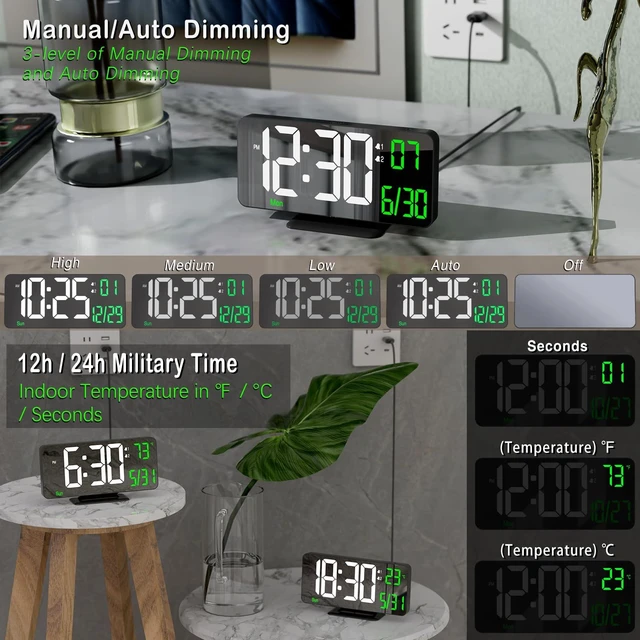 Alt view image 2 of 6 - Desk Clock 6.7in Black Digital Alarm Clock with Dual Alarm, Dimming, Date, Day of Week, Temp, 12h 24h, Digital LED Clock for Table Decor, Digital Calendar Mirror Clocks Essentials
