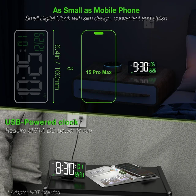 Alt view image 3 of 6 - Desk Clock 6.7in Black Digital Alarm Clock with Dual Alarm, Dimming, Date, Day of Week, Temp, 12h 24h, Digital LED Clock for Table Decor, Digital Calendar Mirror Clocks Essentials