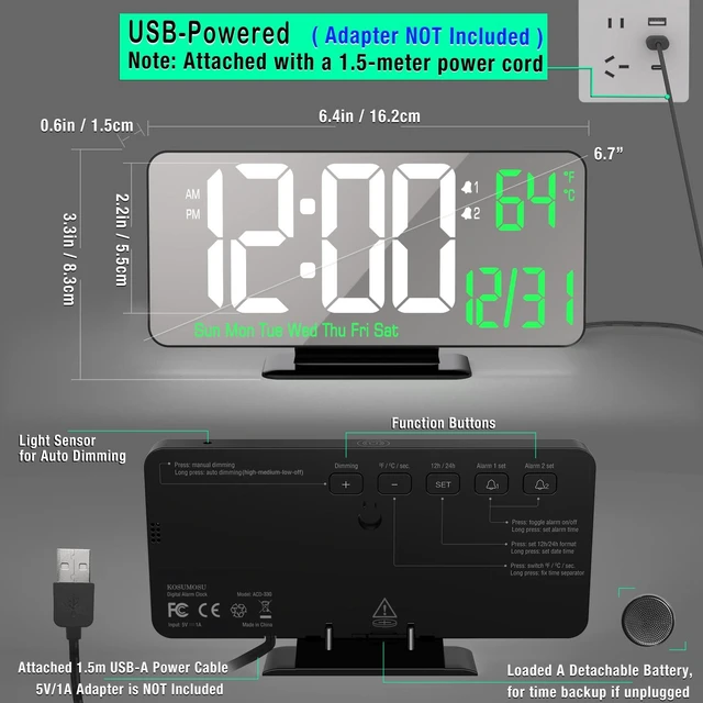 Alt view image 5 of 6 - Desk Clock 6.7in Black Digital Alarm Clock with Dual Alarm, Dimming, Date, Day of Week, Temp, 12h 24h, Digital LED Clock for Table Decor, Digital Calendar Mirror Clocks Essentials