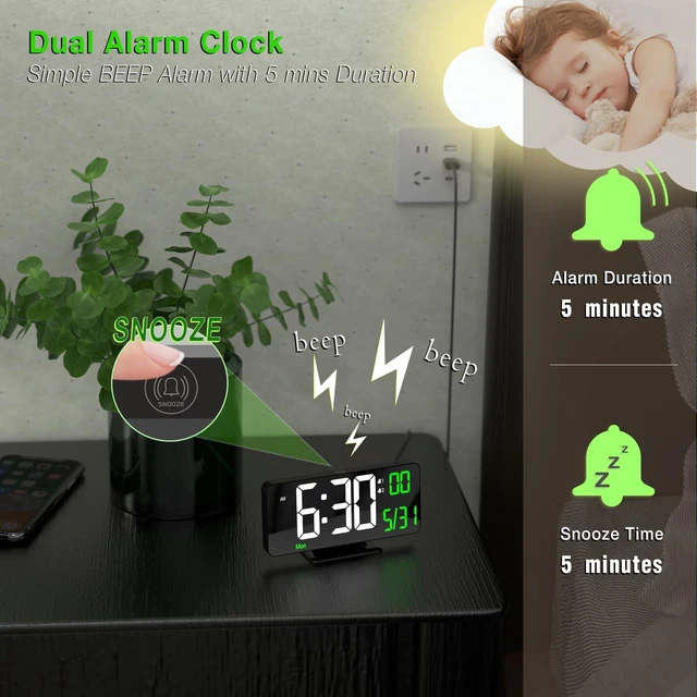 Alt view image 6 of 6 - Desk Clock 6.7in Black Digital Alarm Clock with Dual Alarm, Dimming, Date, Day of Week, Temp, 12h 24h, Digital LED Clock for Table Decor, Digital Calendar Mirror Clocks Essentials