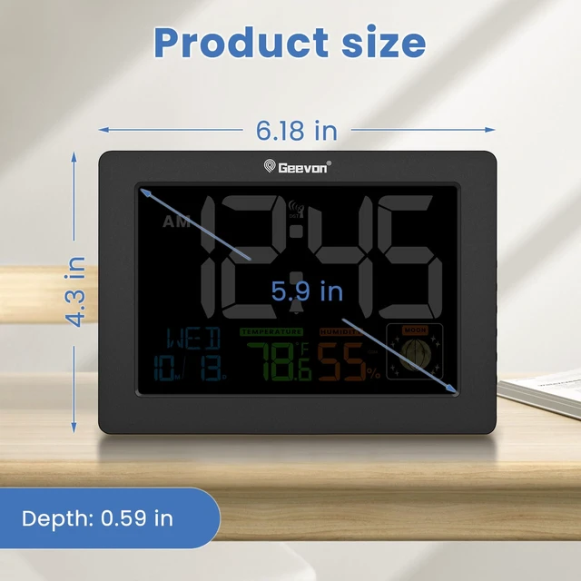 Alt view image 2 of 7 - Atomic Clock 5.9" Color Display with Temp & Humidity | Digital Wall Clock Self-Setting,Moon Phase,Battery or DC Adapter Powered,Large Display for Bedroom Living Room Office