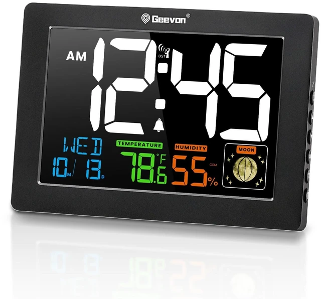 Main image of Atomic Clock 5.9" Color Display with Temp & Humidity | Digital Wall Clock Self-Setting,Moon Phase,Battery or DC Adapter Powered,Large Display for Bedroom Living Room Office