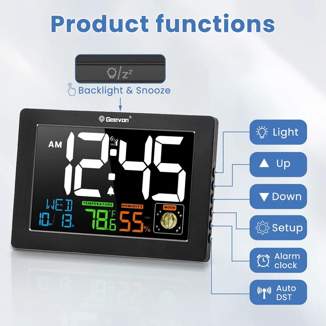 Alt view image 3 of 7 - Atomic Clock 5.9" Color Display with Temp & Humidity | Digital Wall Clock Self-Setting,Moon Phase,Battery or DC Adapter Powered,Large Display for Bedroom Living Room Office