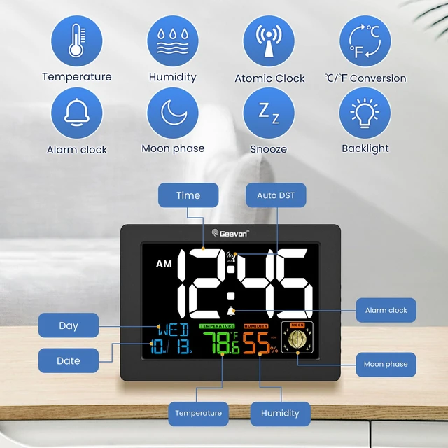 Alt view image 4 of 7 - Atomic Clock 5.9" Color Display with Temp & Humidity | Digital Wall Clock Self-Setting,Moon Phase,Battery or DC Adapter Powered,Large Display for Bedroom Living Room Office