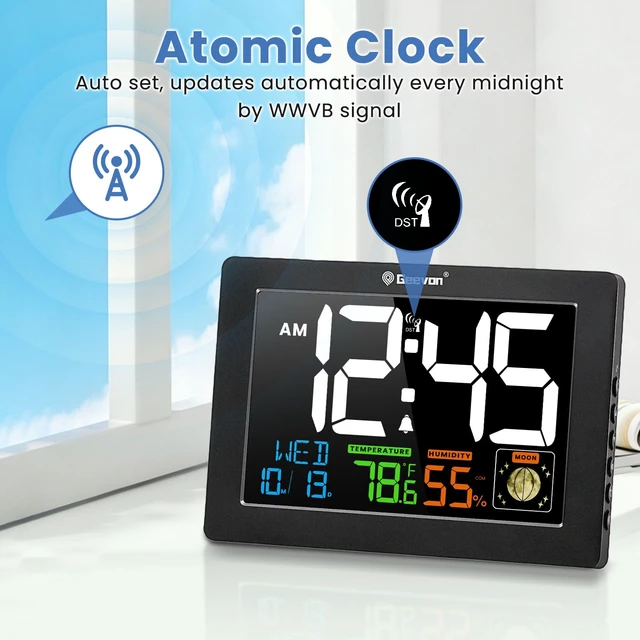 Alt view image 5 of 7 - Atomic Clock 5.9" Color Display with Temp & Humidity | Digital Wall Clock Self-Setting,Moon Phase,Battery or DC Adapter Powered,Large Display for Bedroom Living Room Office