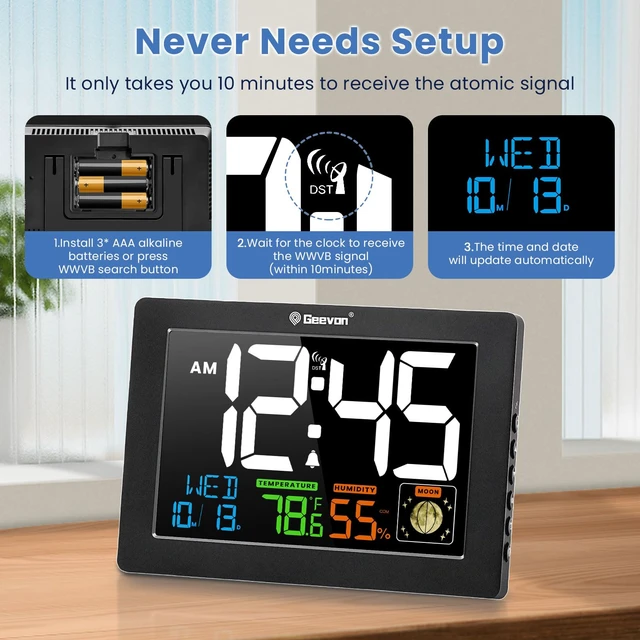Alt view image 6 of 7 - Atomic Clock 5.9" Color Display with Temp & Humidity | Digital Wall Clock Self-Setting,Moon Phase,Battery or DC Adapter Powered,Large Display for Bedroom Living Room Office