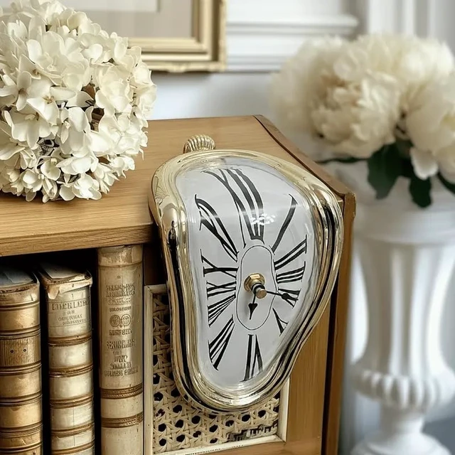 Alt view image 7 of 7 - Melting Clock Dali Melted Clock Gift Decor Art Inspired Wall Clock Twisted Shelf Hanging Surrealist for Decorative Shop Office Home Desk Roman (Gold)