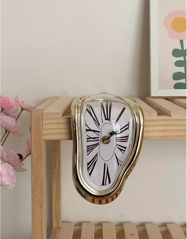 Alt view image 6 of 7 - Melting Clock Dali Melted Clock Gift Decor Art Inspired Wall Clock Twisted Shelf Hanging Surrealist for Decorative Shop Office Home Desk Roman (Gold)