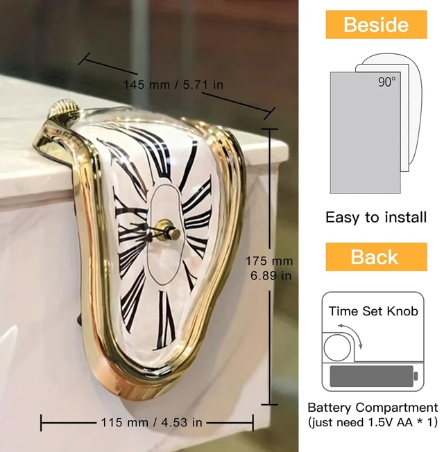 Alt view image 3 of 7 - Melting Clock Dali Melted Clock Gift Decor Art Inspired Wall Clock Twisted Shelf Hanging Surrealist for Decorative Shop Office Home Desk Roman (Gold)