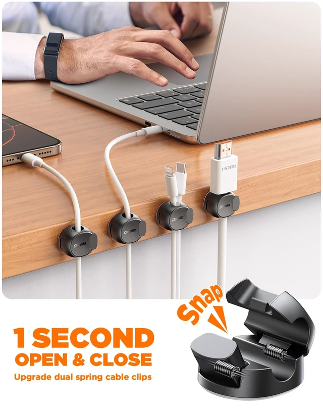Alt view image 2 of 7 - 8-Pack Cable Clips, Quick-Lock Cord Organizer Black | Cord Holder for Nightstand, Home Office Desk Accessories for Men Women, College Dorm Room Essentials, Cubicle Accessories